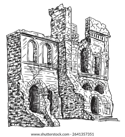 Hand draw ruins old building or ancient castle isolated on white background. Architecture sketch. Ruined tower. Vector illustration in monochrome vintage style.