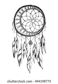 Hand draw rustic dream catcher . Boho style vector illustration on white background. 