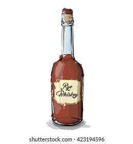 Hand draw of Rye Whiskey bottle. Vector illustration.