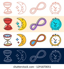 Hand draw sand clock, moon, endless icon set in doodle style for your design.