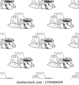 Hand draw sandcastle seamless pattern, drawing, engraving, ink, line art, vector