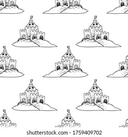 Hand draw sandcastle seamless pattern, drawing, engraving, ink, line art, vector