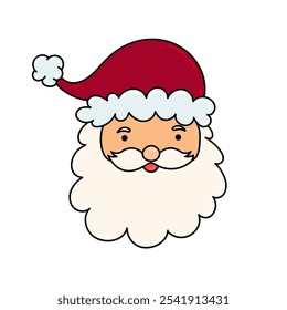 Hand Draw Santa Claus Head icon with red hat and white beard. Cheerful Santa Claus cartoon head sticker