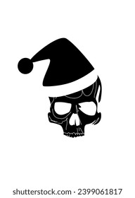 Hand draw Santa skull head illustration, black and white color vector. 
