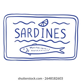 Desenhar a mão sardinhas estanho ilustração vetor. Ícone de rabiscar frutos do mar de peixe mediterrâneo. La dolce vita. Estilo retrô 