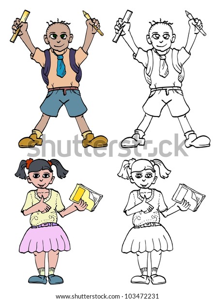 Hand Draw School Boy Girl Standing Stock Vector Royalty Free