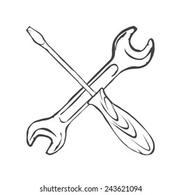 hand draw screwdriver with wrench vector illustration