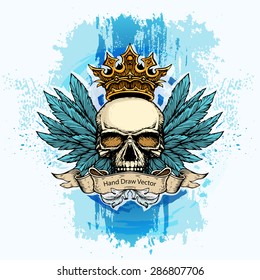 Hand draw scull with wings and crown. 