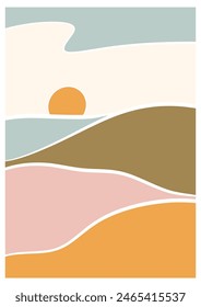 Hand draw sea and sunset lanscape panorama with earth tone. Organic doodle shapes matisse style, naive art, contemporary backgrounds. beach and mountains vector illustration