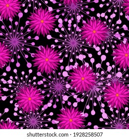 
Handziehen. Nahtlose Blumenmuster, Vektorgrafik. rosafarbene Blumen auf schwarzem Hintergrund, Abstraktion.