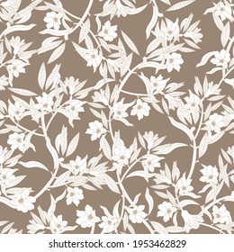 
Hand draw seamless floral pattern. White flowers and branches on grey background