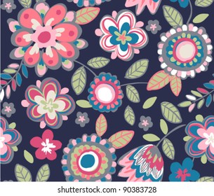 Dibujar a mano patrón floral transparente sobre fondo azul marino
