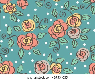 hand draw seamless  flowers on blue background