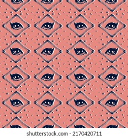 Hand draw seamless pattern of the All seeing eye, stars, rhombuses background. Religion philosophy, spirituality, occultism,chemistry, science, magic.