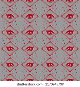 Hand draw seamless pattern of the All seeing eye, stars, rhombuses background. Religion philosophy, spirituality, occultism,chemistry, science, magic.