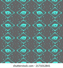 Hand draw seamless pattern of the All seeing eye, stars, rhombuses background. Religion philosophy, spirituality, occultism,chemistry, science, magic.