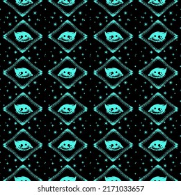 Hand draw seamless pattern of the All seeing eye, stars, rhombuses background. Religion philosophy, spirituality, occultism,chemistry, science, magic.