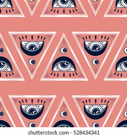 Hand draw seamless pattern of the All-seeing eye, moon, stars, triangle. Can be used for fabric design,paper,textile,background. Religion philosophy, spirituality, occultism,chemistry, science, magic.