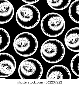 Hand draw seamless pattern of the All-seeing eye, moon. Can be used for fabric design,paper,textile,background. Religion philosophy, spirituality, occultism,chemistry, science. Vector illustration.