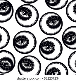 Hand draw seamless pattern of the All-seeing eye, moon. Can be used for fabric design,paper,textile,background. Religion philosophy, spirituality, occultism,chemistry, science. Vector illustration.