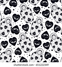 Hand draw seamless pattern of the All-seeing eye and a nesting doll. Can be used for fabric design,paper,textile,background. Religion philosophy, spirituality, occultism,chemistry, science, magic.