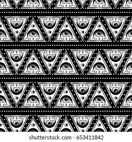 Hand draw seamless pattern of the All-seeing eye. Freemason and spiritual, religion, spirituality, alchemy. Can be used for fabric design, paper design, textiles, background. Vector illustration.
