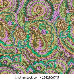 Hand draw seamless pattern with arabic, oriental, indian motiv. Traditional ornament, paisley