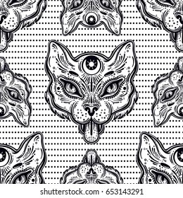 Hand draw seamless pattern of a of cat head. Boho style ornament. Can be used for fabric design, paper design, textiles, background, t-shirts, art, boho design, posters. Vector illustration.