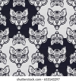 Hand draw seamless pattern of a of cat head. Boho style ornament. Can be used for fabric design, paper design, textiles, background, t-shirts, art, boho design, posters. Vector illustration.