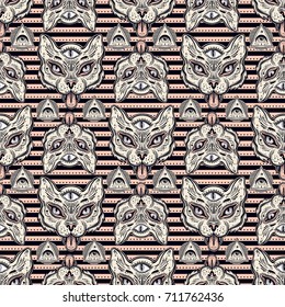 Hand draw seamless pattern of a of cat head. Boho style ornament. Can be used for fabric design, paper design, textiles, background, t-shirts, art, boho design, posters. Vector illustration.