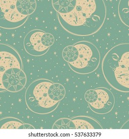 Hand draw seamless pattern the consists of pictures of the sun, the moon and stars. Can be used for fabric design, paper design, textiles, wallpapers, background. Vector illustration.