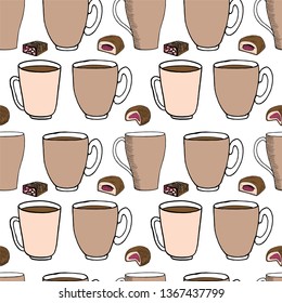Hand draw seamless pattern. Cup of coffee, tea time. Vector illustration.