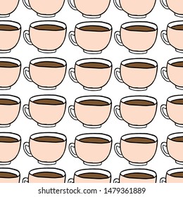Hand draw seamless pattern. Cup of coffee, tea time. Vector illustration.