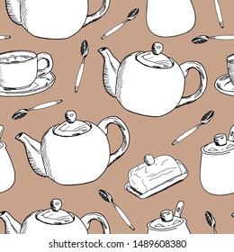 Hand draw seamless pattern. Cup of coffee, tea time. Vector illustration.