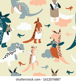 Hand draw seamless pattern cute cartoon colorful vector illustration happy kangaroo with black contours on the light green background for baby textile, cloth, linen texture or home decoration