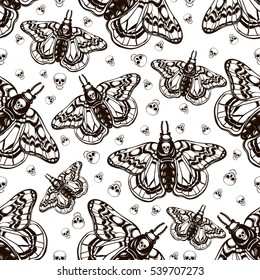 Hand draw seamless pattern of death's head hawk moth and skull. Can be used for fabric design,paper,textile,background. Religion philosophy, spirituality, occultism,chemistry, science, magic. Vector.