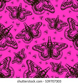 Hand draw seamless pattern of death's head hawk moth and skull. Can be used for fabric design,paper,textile,background. Religion philosophy, spirituality, occultism,chemistry, science, magic. Vector.