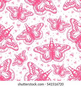 Hand draw seamless pattern of death's head hawk moth and skull. Can be used for fabric design,paper,textile,background. Religion philosophy, spirituality, occultism,chemistry, science, magic.