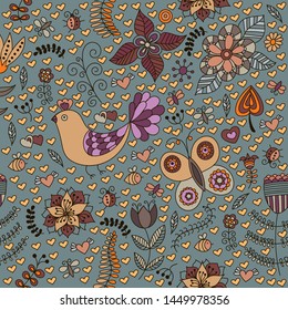 Hand draw seamless pattern floral elements, birds and funny insects. Creative seamless pattern, cartoon style. Vector illustration