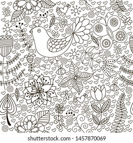 Hand draw seamless pattern floral elements, flowers and birds. Vector illustration