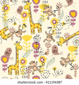 hand draw seamless pattern with giraffe and monkey.