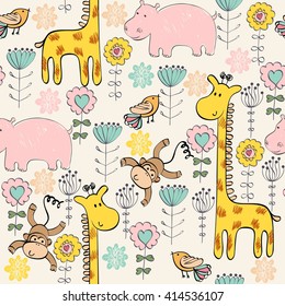 hand draw seamless pattern with giraffe and monkey.