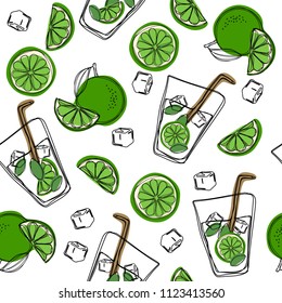 Hand draw seamless pattern glass of mojito, ice cubes, mint leaves, lime slice and whole lime. Alcohol cocktail. Vector illustration in cartoon style. Cold mojito cocktail print