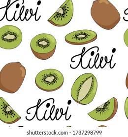 Hand draw seamless pattern of kiwi with lettering. Vector illustration. For wallpaper or wrapping 
