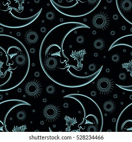 Hand draw seamless pattern of the Moon is smoking a pipe and puffing smoke, sun. Vector illustration for coloring book, t-shirts design,fabric design, paper , textiles, background. Vector Isolated.