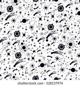 Hand draw seamless pattern of the night sky, sun, comets, planets. Boho style ornament. Can be used for fabric design, paper design, textiles, background. Vector Isolated.