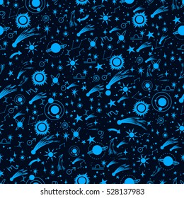 Hand draw seamless pattern of the night sky, sun, comets, planets. Boho style ornament. Can be used for fabric design, paper design, textiles, background. Vector Isolated.