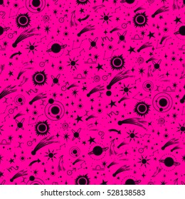 Hand draw seamless pattern of the night sky, sun, comets, planets. Boho style ornament. Can be used for fabric design, paper design, textiles, background. Vector Isolated.