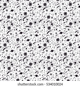 Hand draw seamless pattern of the night sky, sun, comets, planets. Boho style ornament. Can be used for fabric design, paper design, textiles, background. Vector Isolated.
