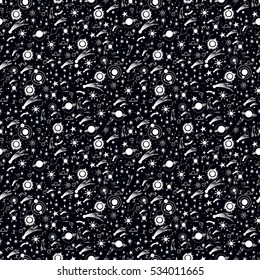 Hand draw seamless pattern of the night sky, sun, comets, planets. Boho style ornament. Can be used for fabric design, paper design, textiles, background. Vector Isolated.